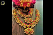 N059_Ravishing Temple jewelry Bridal set studded with semi precious pink and green  stones and beads.