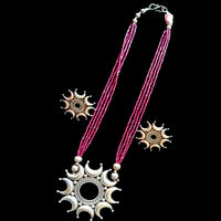 N063_Classy  Matte finish German Silver oxidized pendant followed by magenta crystals.