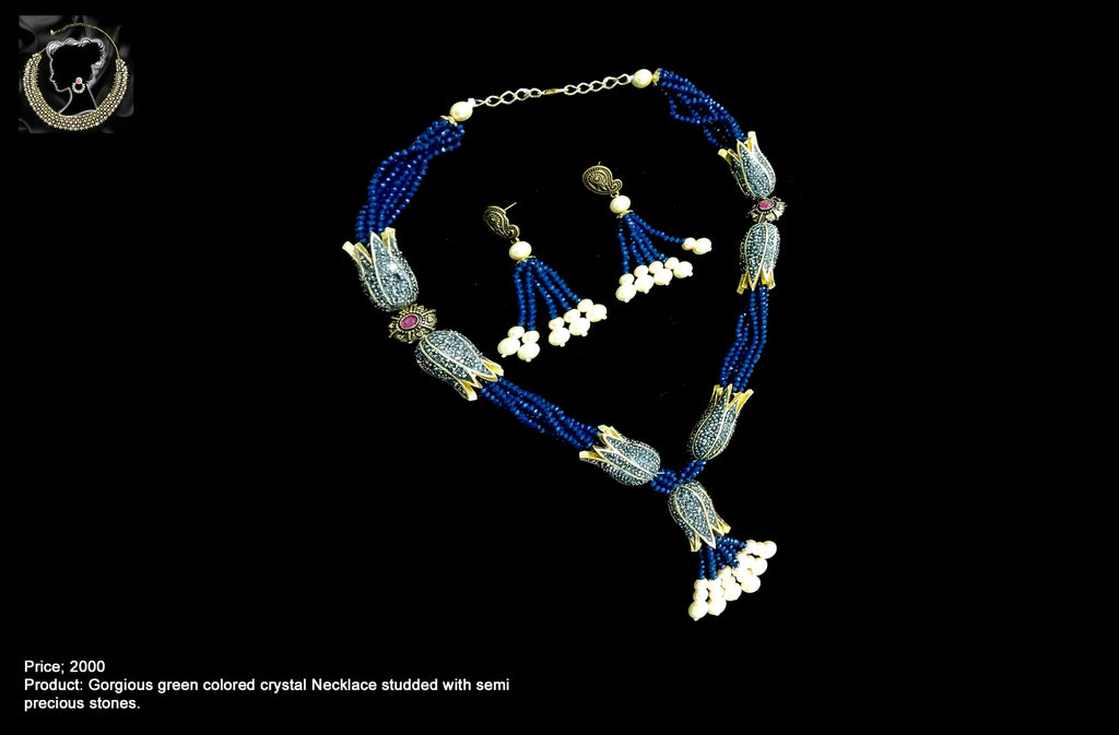 N011_Gorgeous blue colored crystal Necklace studded with semi precious stones.