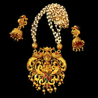 N068_Gorgeous matte Gold polish Temple jewelry design Lakshmi pendant  necklace studded with pink and green ruby stones followed by small pearls.
