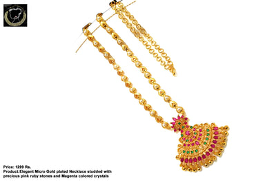 N019_Elegant Micro Gold plated Necklace studded with precious pink & green ruby stones