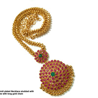 N025_Elegant Micro Gold plated Necklace studded with precious pink & green ruby stones