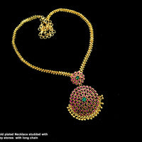 N025_Elegant Micro Gold plated Necklace studded with precious pink & green ruby stones