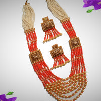 N044_Classy Style Stunning Long Multilayered ‘Raani Haar’ Necklace set with off white pearls and peach color crystal drops & studded with American Diamond stones.