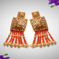 N044_Classy Style Stunning Long Multilayered ‘Raani Haar’ Necklace set with off white pearls and peach color crystal drops & studded with American Diamond stones.