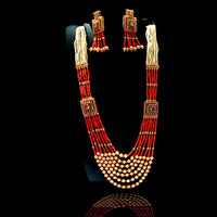 N044_Classy Style Stunning Long Multilayered ‘Raani Haar’ Necklace set with off white pearls and peach color crystal drops & studded with American Diamond stones.