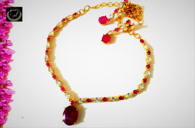 N051_Elegant Micro Gold plated Necklace studded with American Diamond & Pink Ruby stone