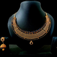 N055_Elegant Micro Gold plated Necklace studded with American Diamond & Semi Precious Royal blue stones