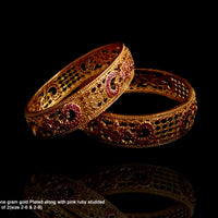 B0118_Classic Style one gram gold Plated along with pink ruby studded Bangles for Women Set of 2.