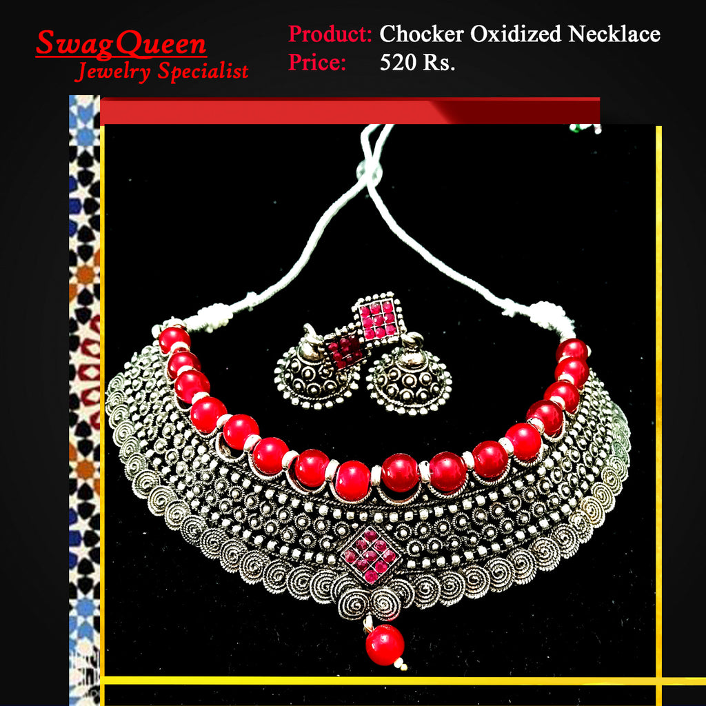 German Oxidize Silver Choker Necklace with red beads