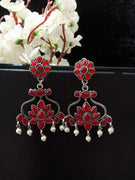 E0794_Classic flower design earrings with a touch of vibrant red stones.