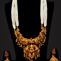 N03054_ Grand classic matte gold polished temple jewelry choker style crafted design gold plated necklace set embellished with stones .